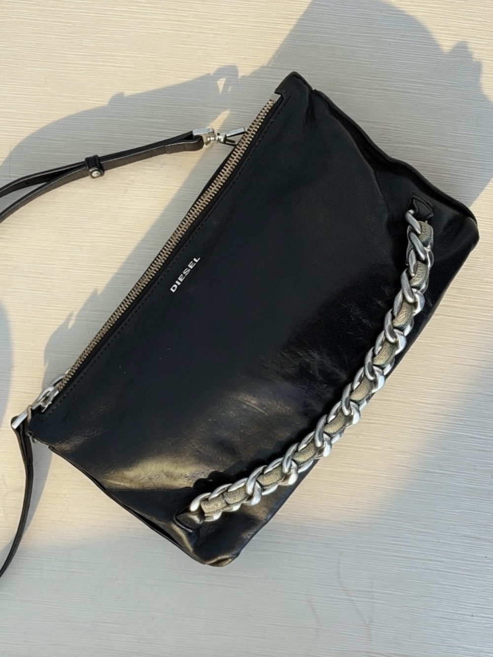 Vintage Diesel Y2K Black Leather Chain Baguette Bag